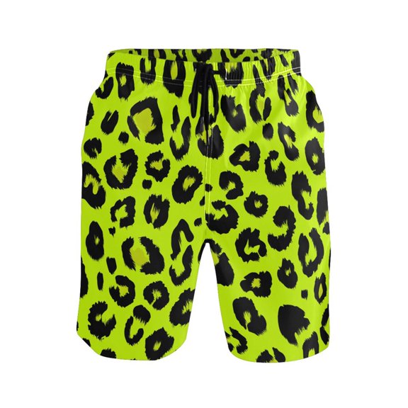 Green Leopard Pattern Mens Swim Trunks Quick Dry Board Shorts Breathable Fit Beach Shorts Swimwear