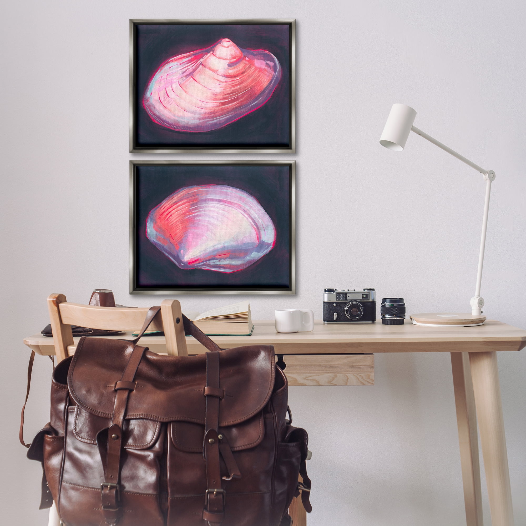 Stupell Industries Pink Clam Shells Nautical & Beach Painting Gray Floater Framed Canvas Art Print Wall Art, 21 x 17, Set of 2