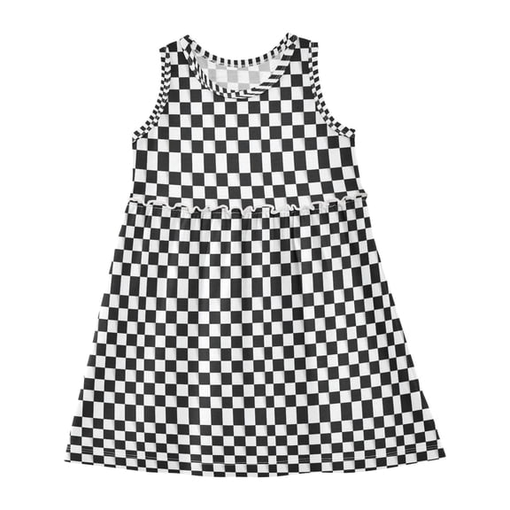 Girls Dress Square Black and White Grid Sleeveless Dress for Girls Hem A-Line Casual Sundress