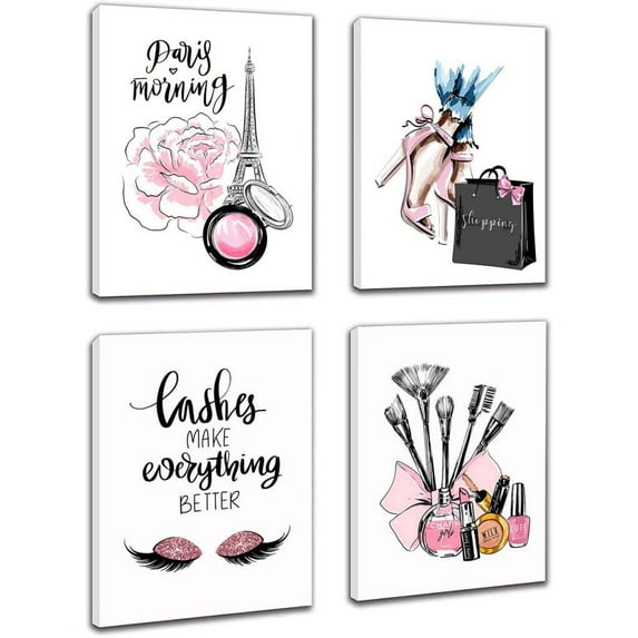 Makeup Wall Art Pink Rose Pictures Dressing Room Decor Stylish Lashes Makeup Brush Canvas Prints Great for Bedroom Girls Room Pink Room Decor