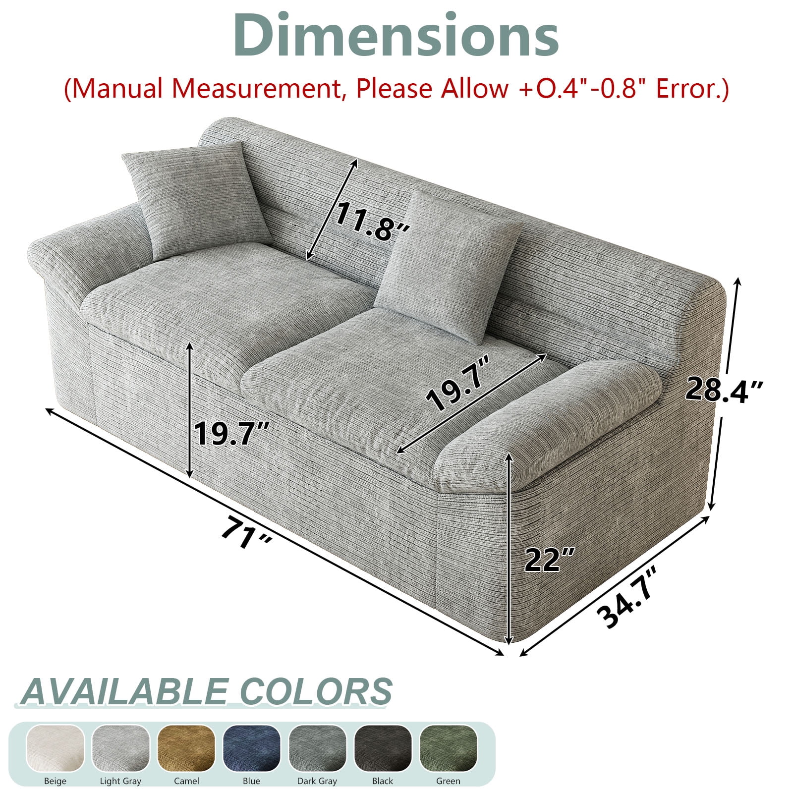 Leumius 71" Boneless Sofa,3 Setaser Couch with Deep Seat,Comfy Loveseat Sofa,for Living room, Bedroom,Conference room ,Apartment,No Assembly,Light Gray