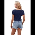 thumbnail image 2 of Camiseta de Corta con Cuello en V y Ombligo Al Descubierto, Azul Marino, Talla S, 2 of 7
