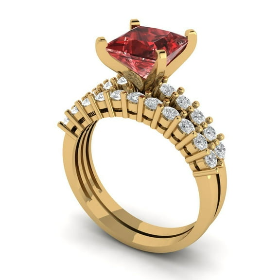 Clara Pucci 18K Yellow Gold 2.63 Natural Garnet Engraveable Engagement Ring Wedding Band Set