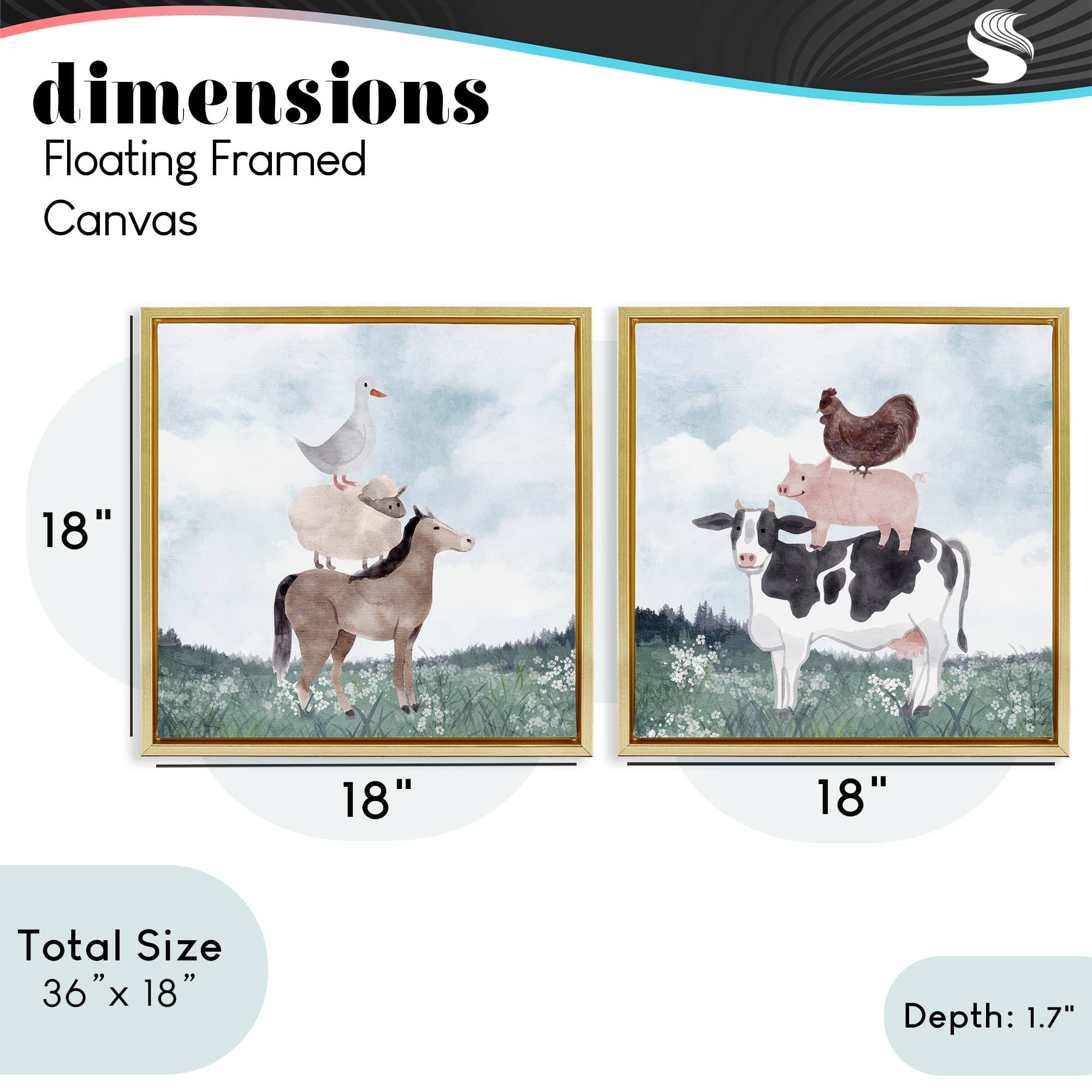 Stupell Industries Stacked Animals Blue Sky Farm 2 Piece Gold Framed Floater Canvas Set, design by Kim Allen