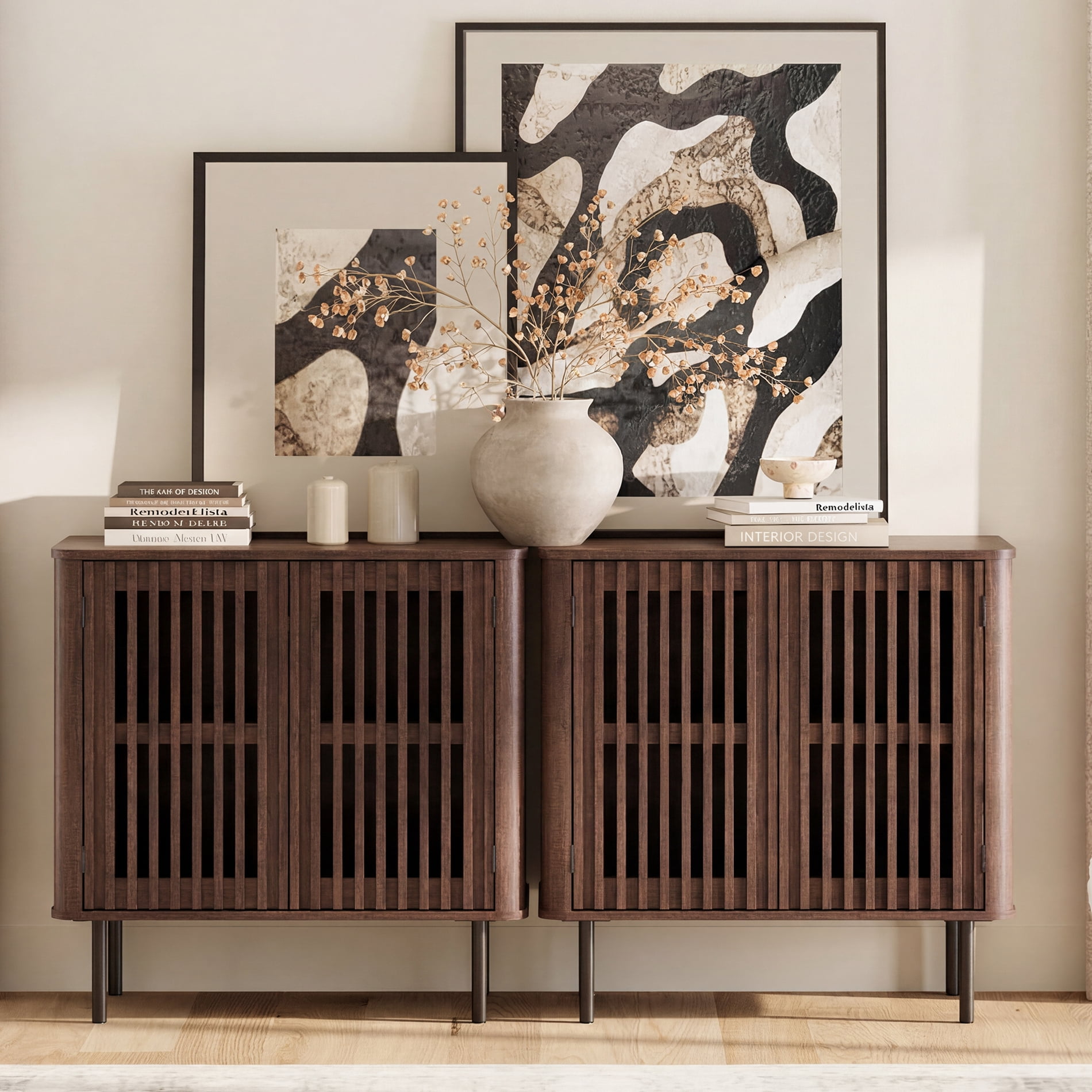 63" Mid Century Modern Sideboard Buffet Cabinet with Storage,Fluted Sideboard Cabinet with Adjustable Shelf, Walnut
