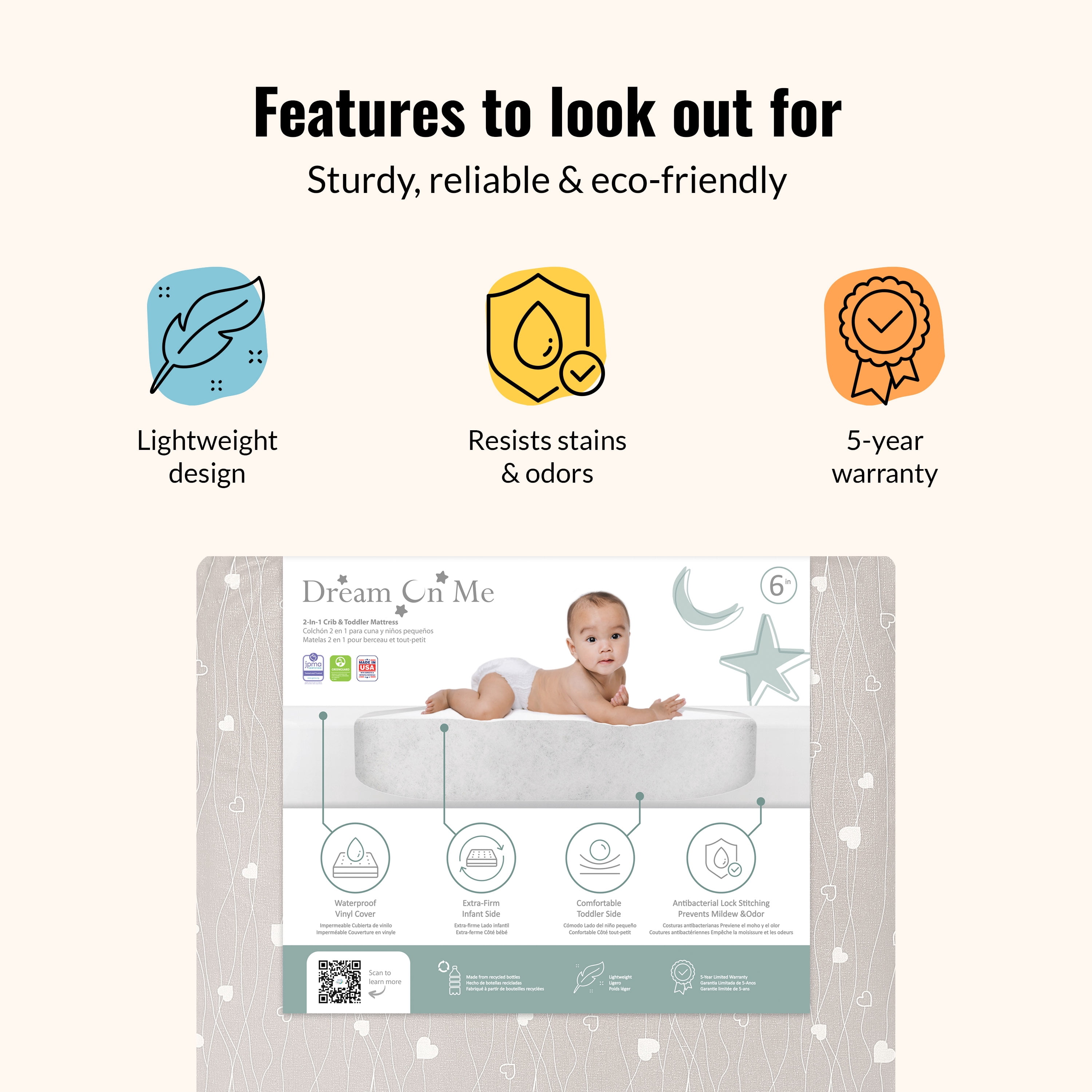 Dream On Me Modern Love 2 in 1 Infant and Toddler Mattress / Greenguard Gold Environment Safe Baby Mattress/ JPMA Certified Infant Mattress / Waterproof Vinyl Cover/ Maximum Support And Safety