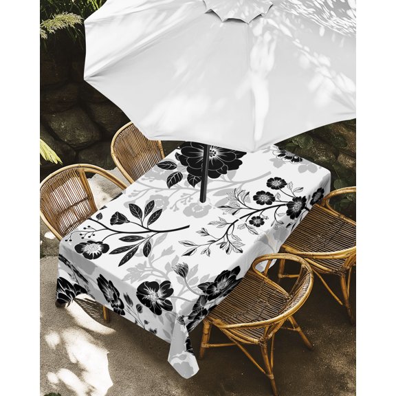 Outdoor Tablecloth with Umbrella Hole, Vintage Abstract Flower Zippered Table Cloth for Rectangle Tables, Black Grey Floral Art Washable Waterproof Tablecloths for Picnic Patio Garden