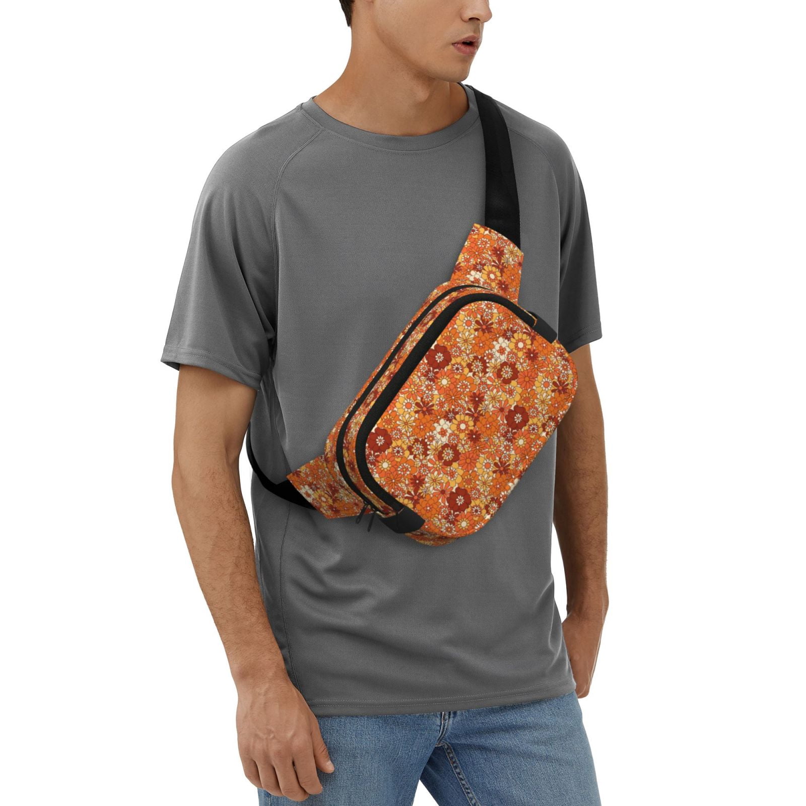 Picia Hippie Flower Print Square Double-Layer Waist Bag Mini Adjustable Waist Belt Bag Exercise Running Travel Hiking