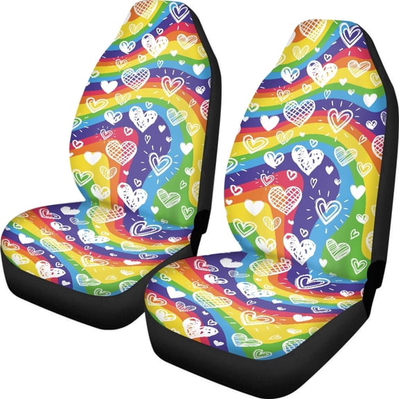 POLERO Breathable Auto Seat Covers for SUV, High Back Washable Vehicle Seat Covers Polyester Fabric 2 Pcs, Rainbow Heart Pattern
