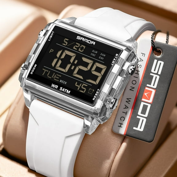 Square Digital Sports Watch - Transparent Case, Multi-Function Outdoor Chronograph with Interval Timer, Multiple Alarms, Waterproof for Students, Men