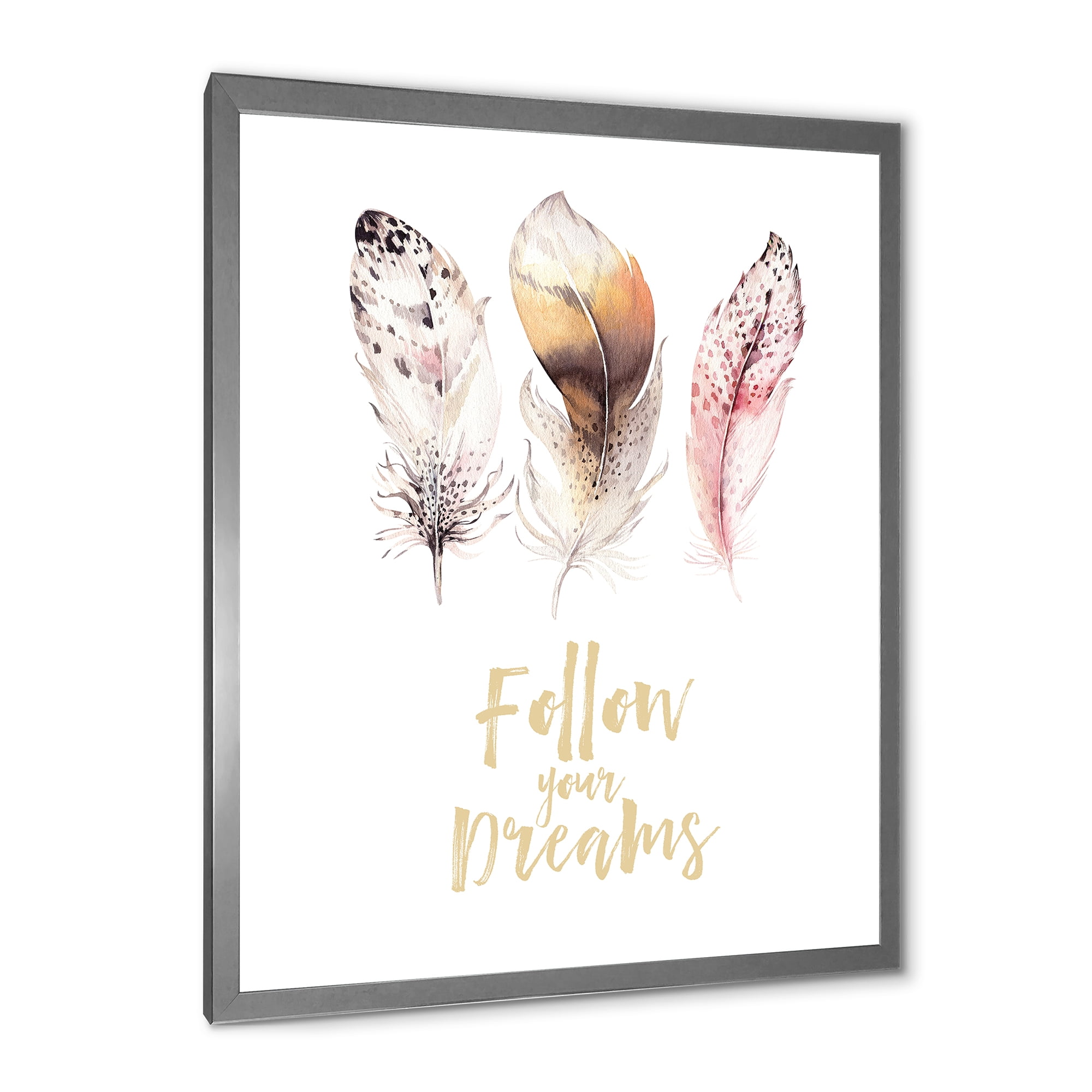 Designart 'Multicolored Boho Art Feathers Follow Your Dreams' Bohemian & Eclectic Framed Art Print