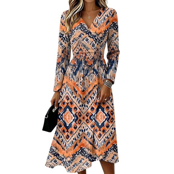 Womens Fall Spring Long Sleeve Midi Dress V Neck Long Sleeve a Line Dresses Long Loose Casual Floral Dresses
