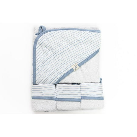 Piccolo Bambino Blue Striped Baby Hooded Towel & 3 Baby Washcloths