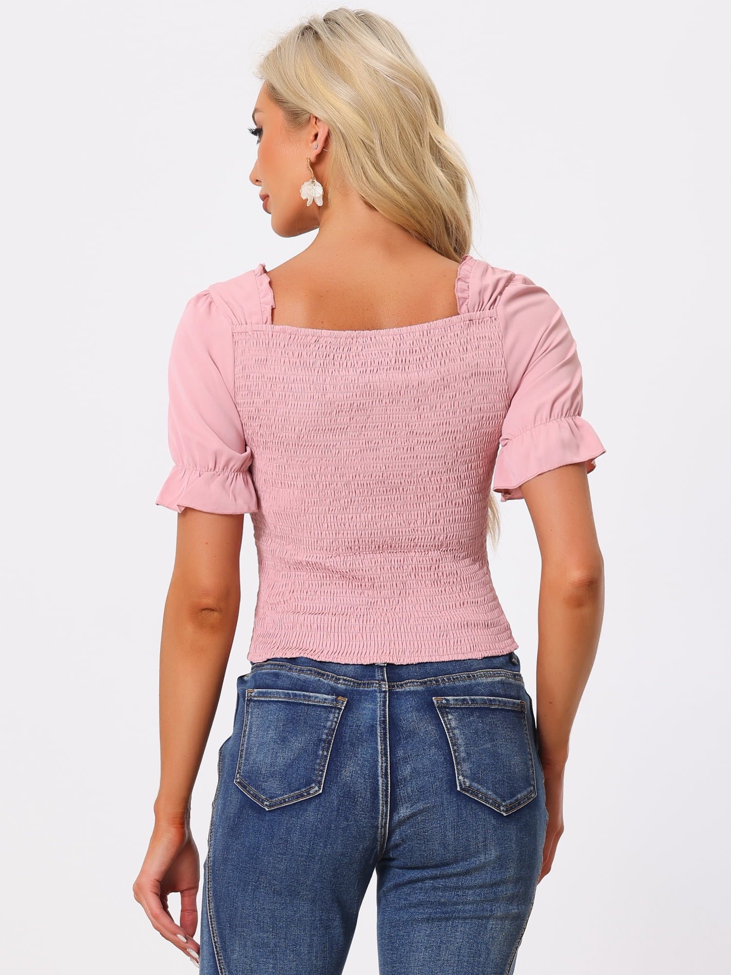 DARING DIVA Women's Smocked Square Neck Short Sleeve Ruffle Shirred Tops M Pink
