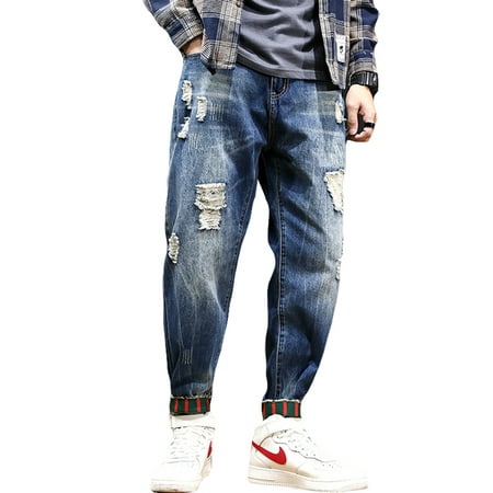 Men's Distress Haren Pants Loose Vintage Denim Jeans Hip Hop Dancing Trousers Casual Sweatpants Streetwear Jogger