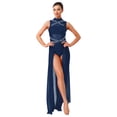 thumbnail image 1 of renvena Costumes de Danse Lyrique pour Femmes Robe Maxi Sans Manches Col Roulé Dos Nu en Tulle Bleu Marine m, 1 of 5