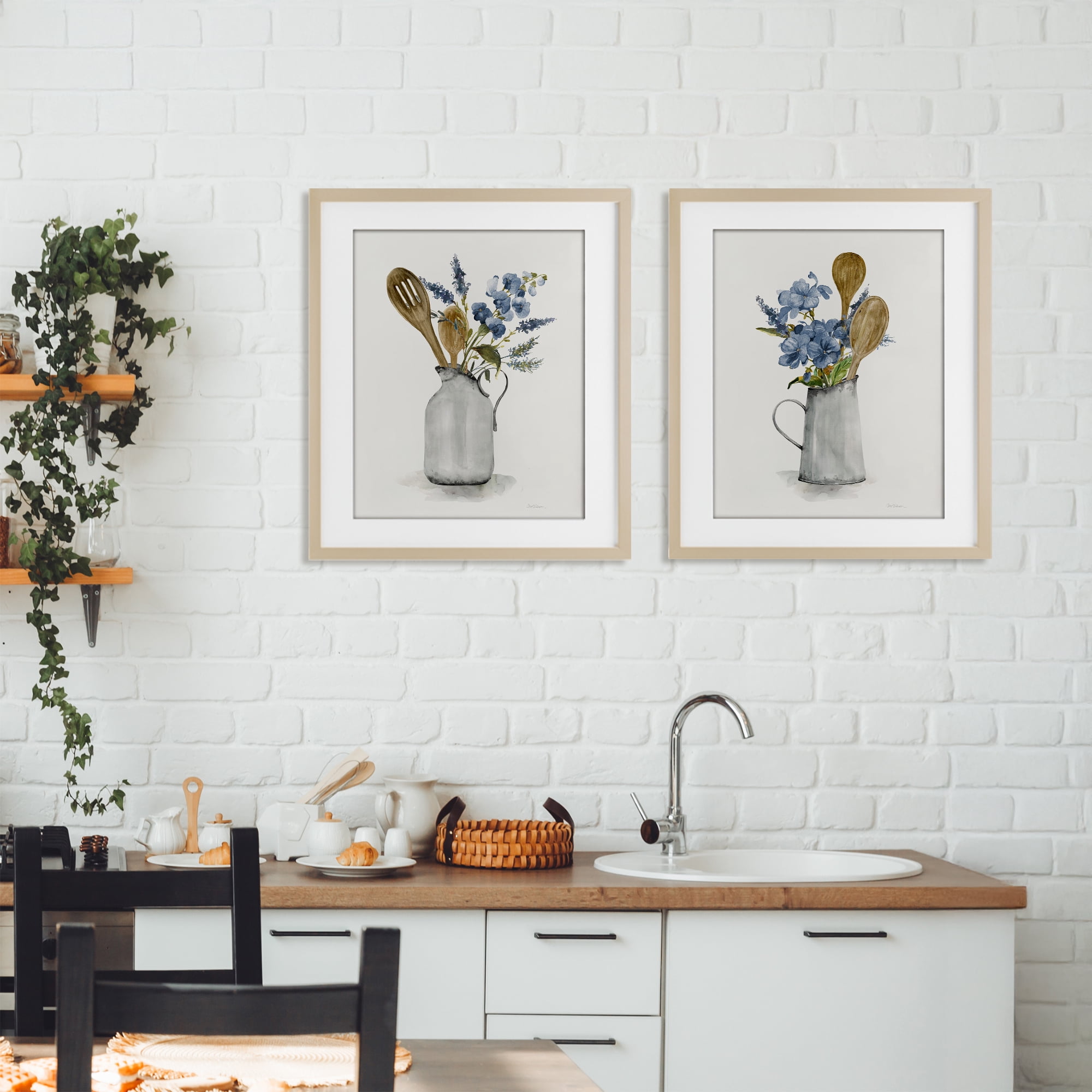Stupell Industries Kitchen Pitcher Bouquets 2 Piece Birch Framed Print Under Glass Set, design by Carol Robinson