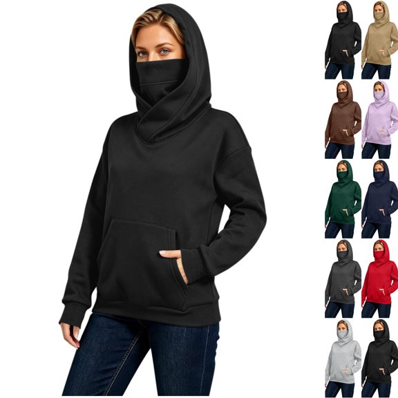 Women Funnel Neck Hooded Sweatshirt, Loose Fit Long Sleeve Pullover Hoodie with Kangaroo Pocket, Casual Warm Fall Winter Top Black XXL