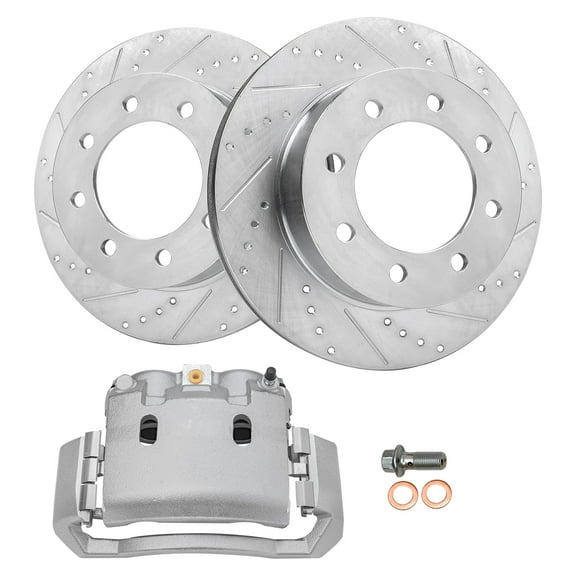 Detroit Axle - Front Brake Kit for 2003-2008 Dodge Ram 2500 3500 Drilled & Slotted Brake Rotors Right Brake Caliper 2004 2005 2006 2007 Replacement [13.91" Rotors]