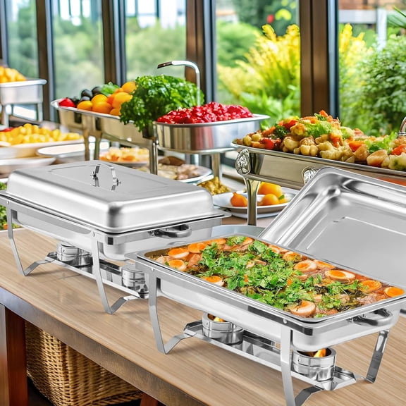 Chafing Dish Buffet Set, Stainless Steel Chafer Buffet Servers and Warmers Sets with Lid Folding Frame, Rectangular Chafing Dishes for Parties, Weddings, Catering Events, Silver