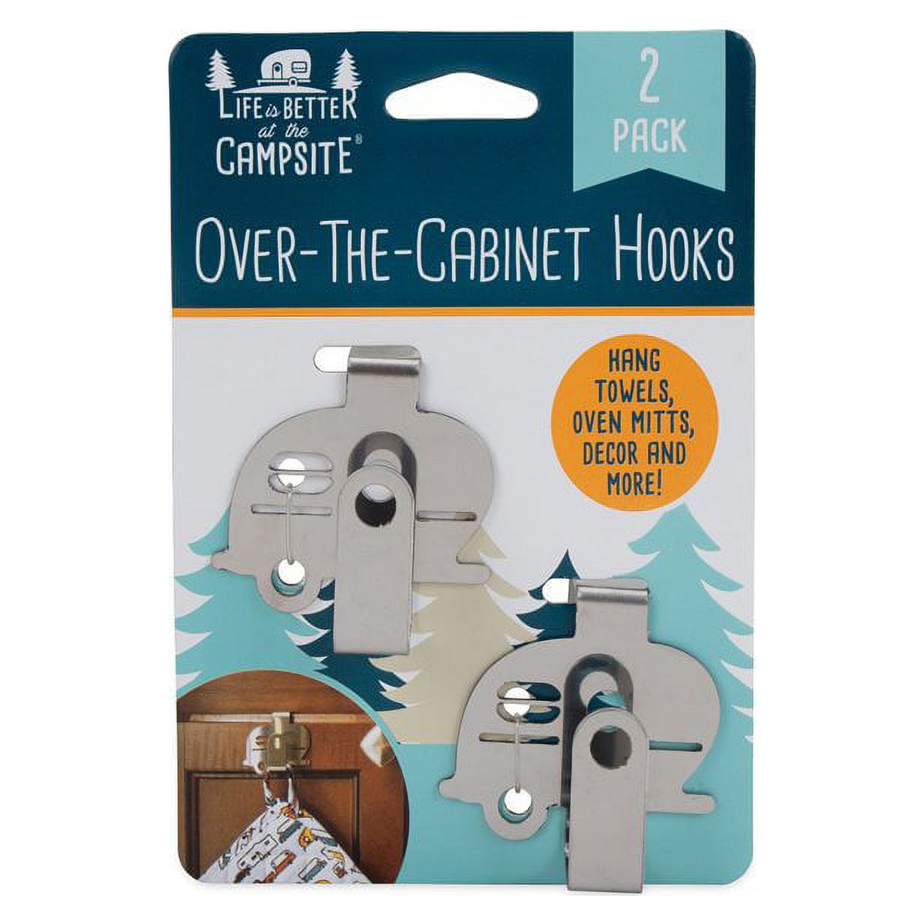 (2 pack) Camco Life is Better at the Campsite Over-the-Cabinet Hooks - Silver, 2-Pack (53382)