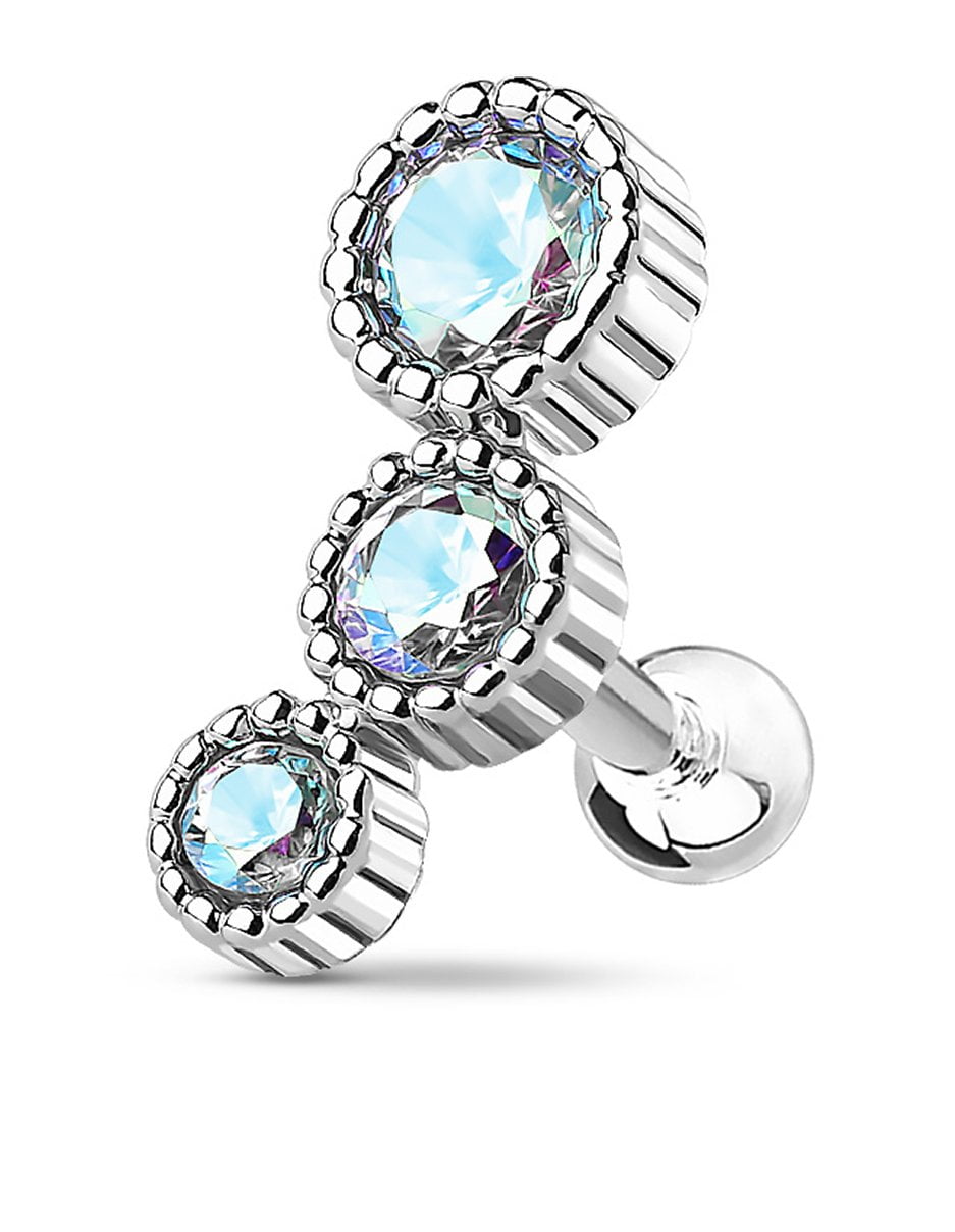 Forbidden Body Jewelry 16g Surgical Steel Cartilage Stud Earring with Curved Triple Round CZ Crystals