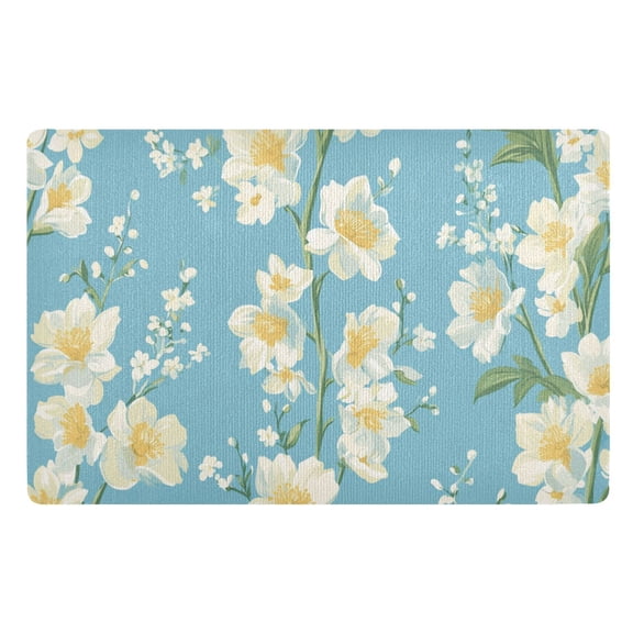 Floral Pattern on Blue Floor Door Mat Outdoor Indoor for Home Entrance Welcome Mats 32"x20"