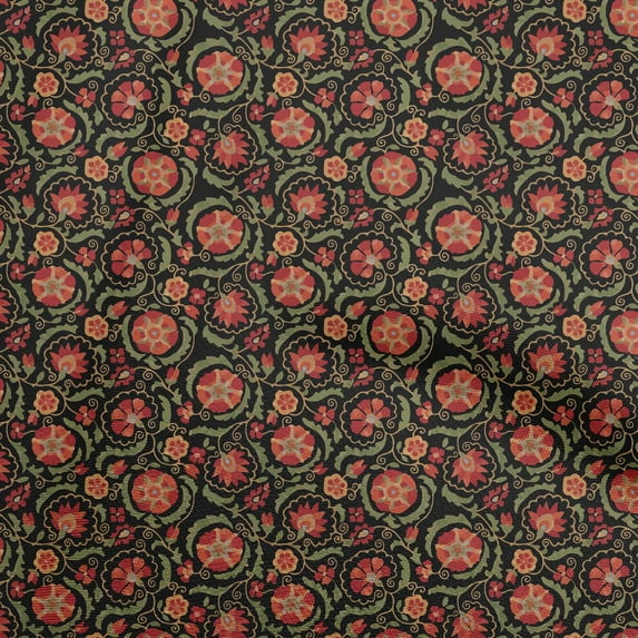 oneOone Cotton Silk Black Fabric Asian Suzani Quilting Supplies Print Sewing Fabric By The Yard 42 Inch Wide