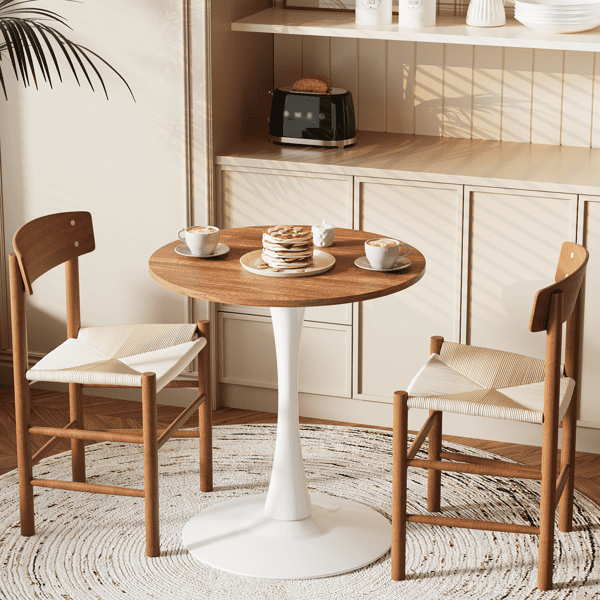 Round Tulip Dining Table, 27.6 Inch 2-Seater Kitchen Table, Melamine Laminated MDF Tabletop with Metal Pedestal Base, Easy Assembly Breakfast Table for Apartment Dining Nook, White & Walnut