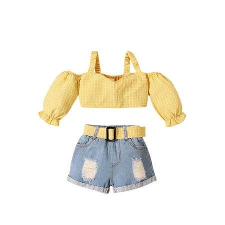 

Nokpsedcb Kids Baby Girls Clotehs Off Shoulder Plaid Crop Tops Ripped Hole Denim Shorts Yellow 18-24 Months