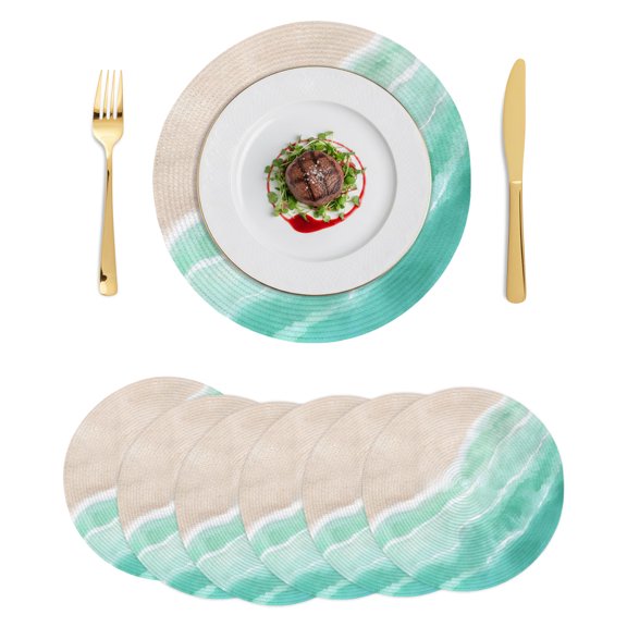 Round Placemats Beach Coastal 15 inch Set of 6 Table Mats for Dining Table Summer Ocean Blue Green Waves Watercolor Heat Resistant Non-Slip Kitchen & Home Decorative Place Mat Set