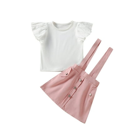 

Suanret Kids Toddler Girls Skirt Suit Lace Flying Sleeve Design Blouse + Metal Button Suspender Strap Skirt Suit Pink 5-6 Years