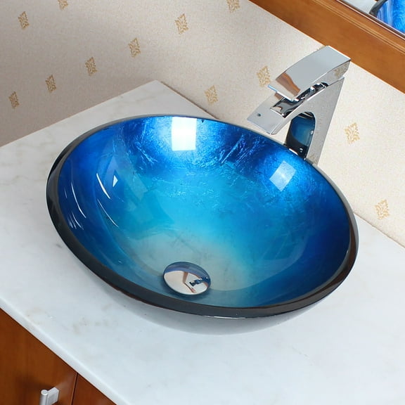 Elite Handcrafted Metallic Ombre Blue Foil Tempered Glass Bathroom Vessel Sink with Chrome Pop-up Drain and Mounting Ring - 1203 P01008C