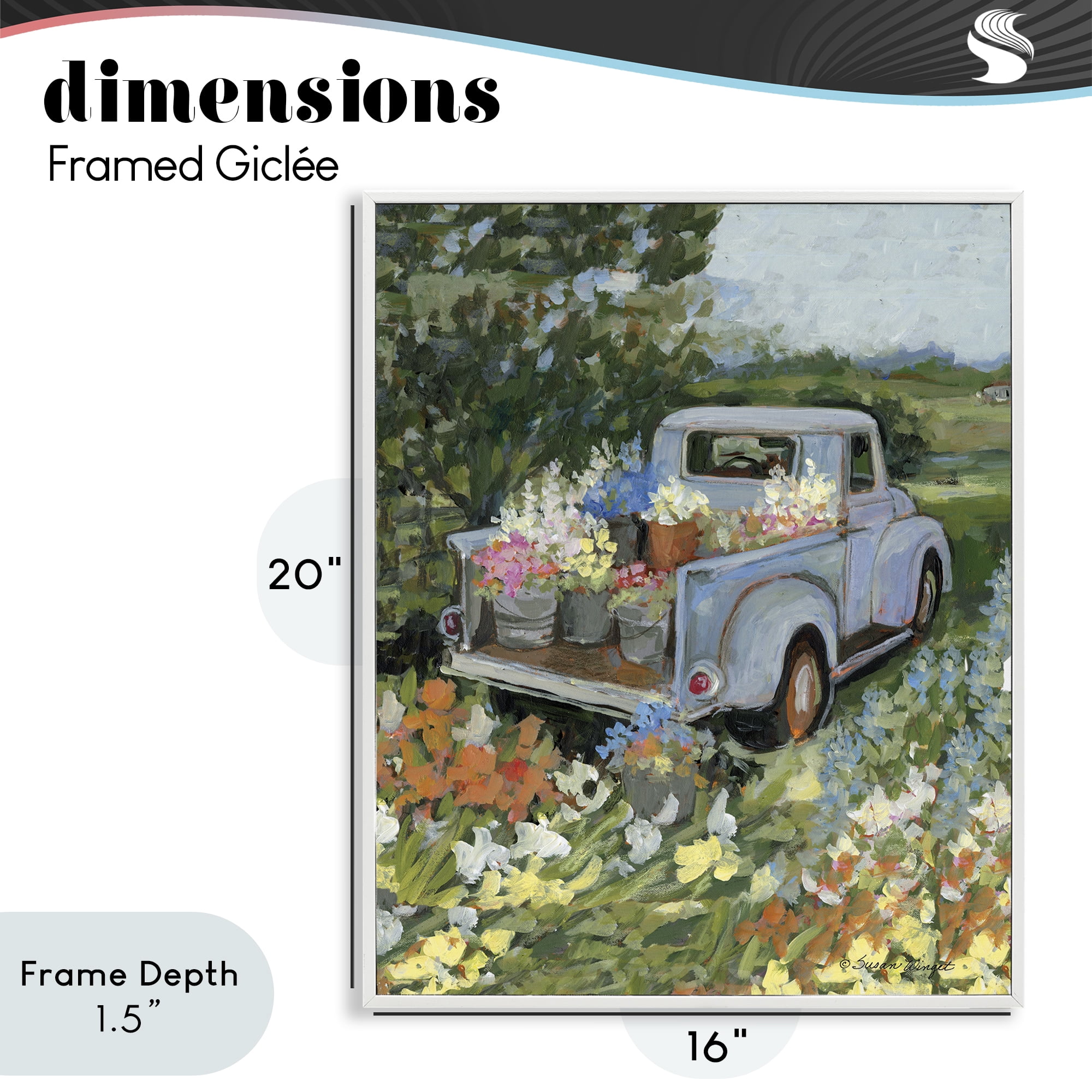 Stupell Industries Truckin' Field with Flowers White Framed Giclee Art, design by Susan Winget