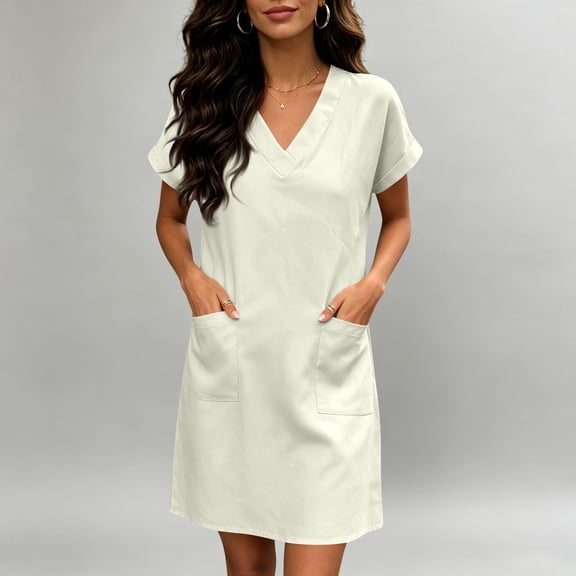 Womens Elegant Double Pocket Dress V Neck Mini Fashionable Casual Dress, XL