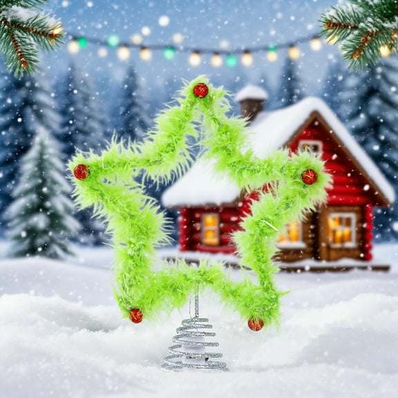 Green Fuzzy Star Christmas Tree Topper Decoration, Fluffy Five-Point Star for Holiday Parties, Festive Tree Top Accent, and Seasonal Display