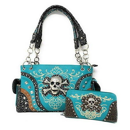 Leather Concealed - Texas West Rhinestone Embroidered Metal Skull Leather Women's Concealed Carry Handbag With Matching Wallets In Multi Colors