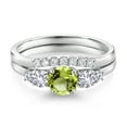 thumbnail image 3 of Gem Stone King 10K White Gold Green Peridot White Created Sapphire and White Lab Grown Diamond 5 Stone Bridal Engagement Wedding Ring Set for Women (0.92 Cttw, Round: 5MM and 3MM, Size 8), 3 of 6