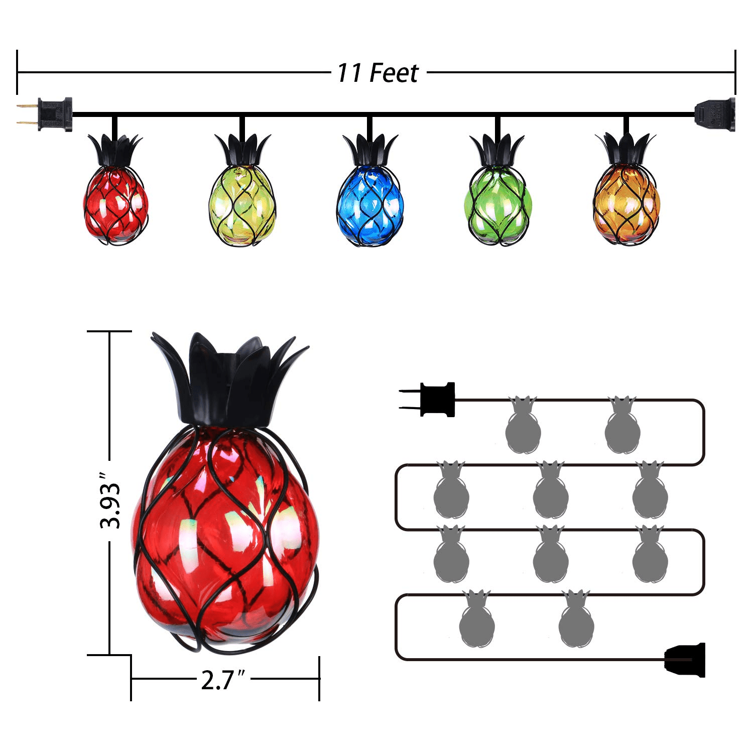 Pineapple Fairy String Lights with 10 Multicolor Bulbs Connectable Waterproof Decorative Indoor String Lights for Christmas Party Birthday Wedding Festival Bedroom Outdoor Patio