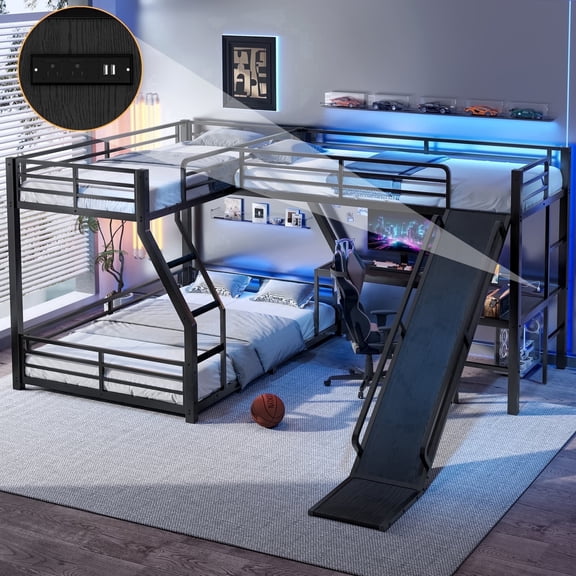Morufur L-Shaped Triple Metal Bunk Bed Frame Twin over Full & Twin Loft Bed with Slide, Built-In Gaming Desk, USB Charging Station & Safety Guardrails for Bedroom