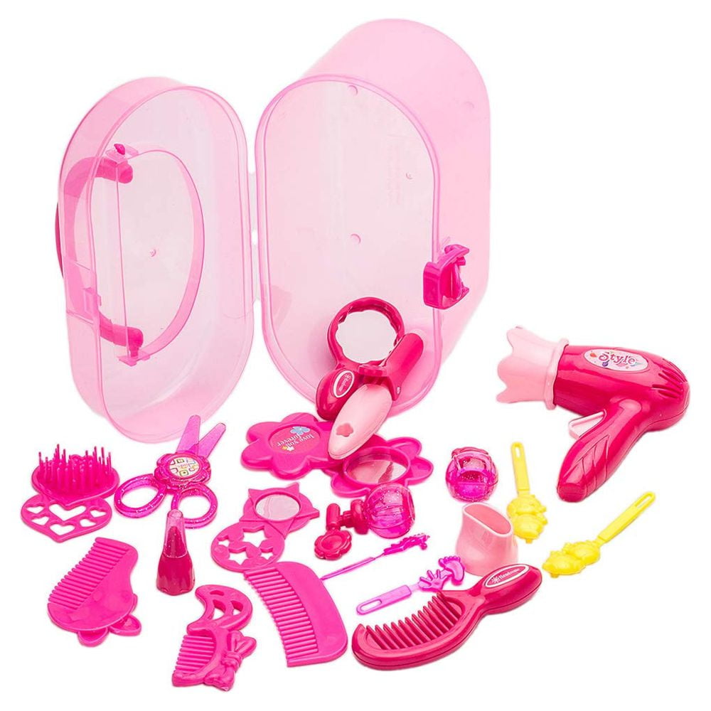 TiokMc Kids Beauty Salon Pretend Play Makeup Kit for Girls, 17pcs Hair Styling Set with Brush, Mirror, Hairdryer & Accessories for Ages 1-8