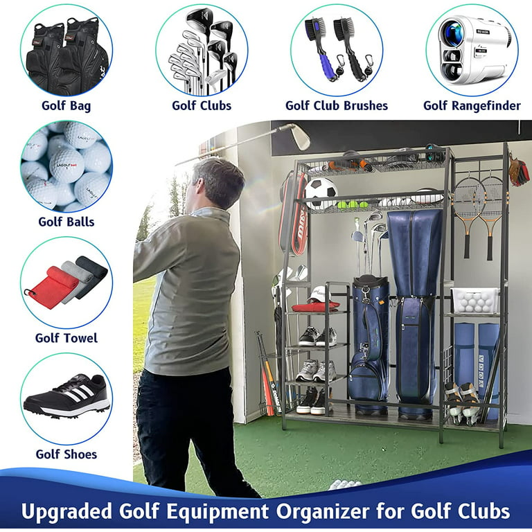 Homieasy Golf Storage Garage Organizer Fits for 2 Golf Bags, Large Golf  Equipment Storage Rack with Baskets and Hooks, Sturdy Steel Wood Golf