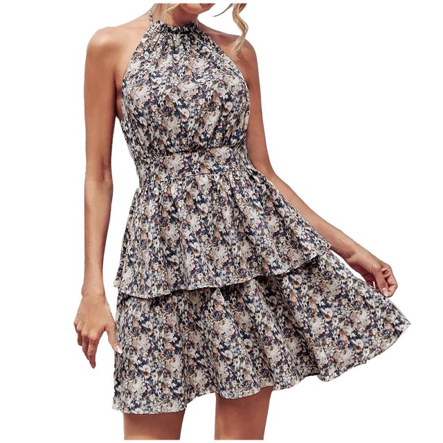 Summer Dresses for Women 2022 Halter Neck Off Shoulder Sleeveless Backless Floral Printing Ruffle A-Line Dress