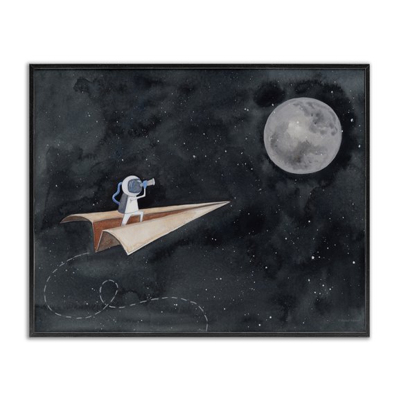 Stupell Industries Bohemian Paper Airplane Flying in Outer space Astronaut Moon Black Framed Giclee Art, 14 x 11, by Rachel Nieman