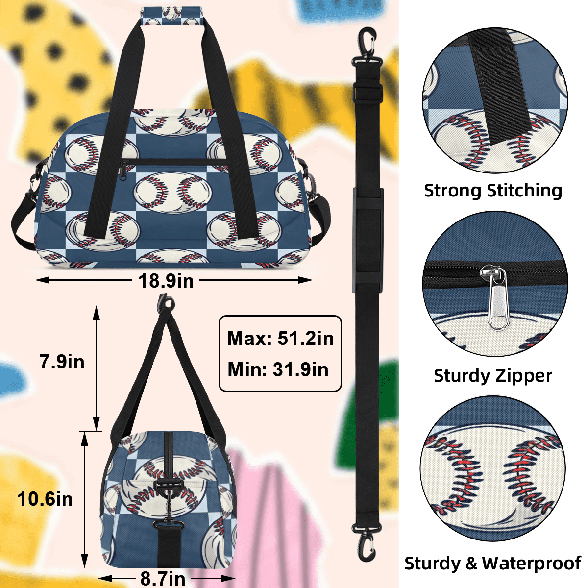 Herdesigns Baseball Sports Duffle Bag for Women & Men, Baseball Print Gym Bag Dance Bag Overnight Bag Carry On Weekender Travel Bag