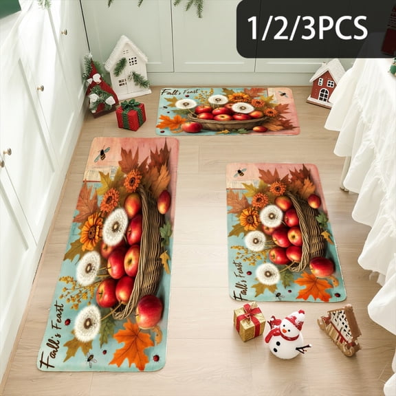 3PCS Kitchen Mat set,Welcome Door Flannel Rug,Home Decor for Front Door,Kitchen, Bathroom, Falls Harvest Apples And Flowers ,Great Thanksgiving Day Housewarming gift for Family and Friends.