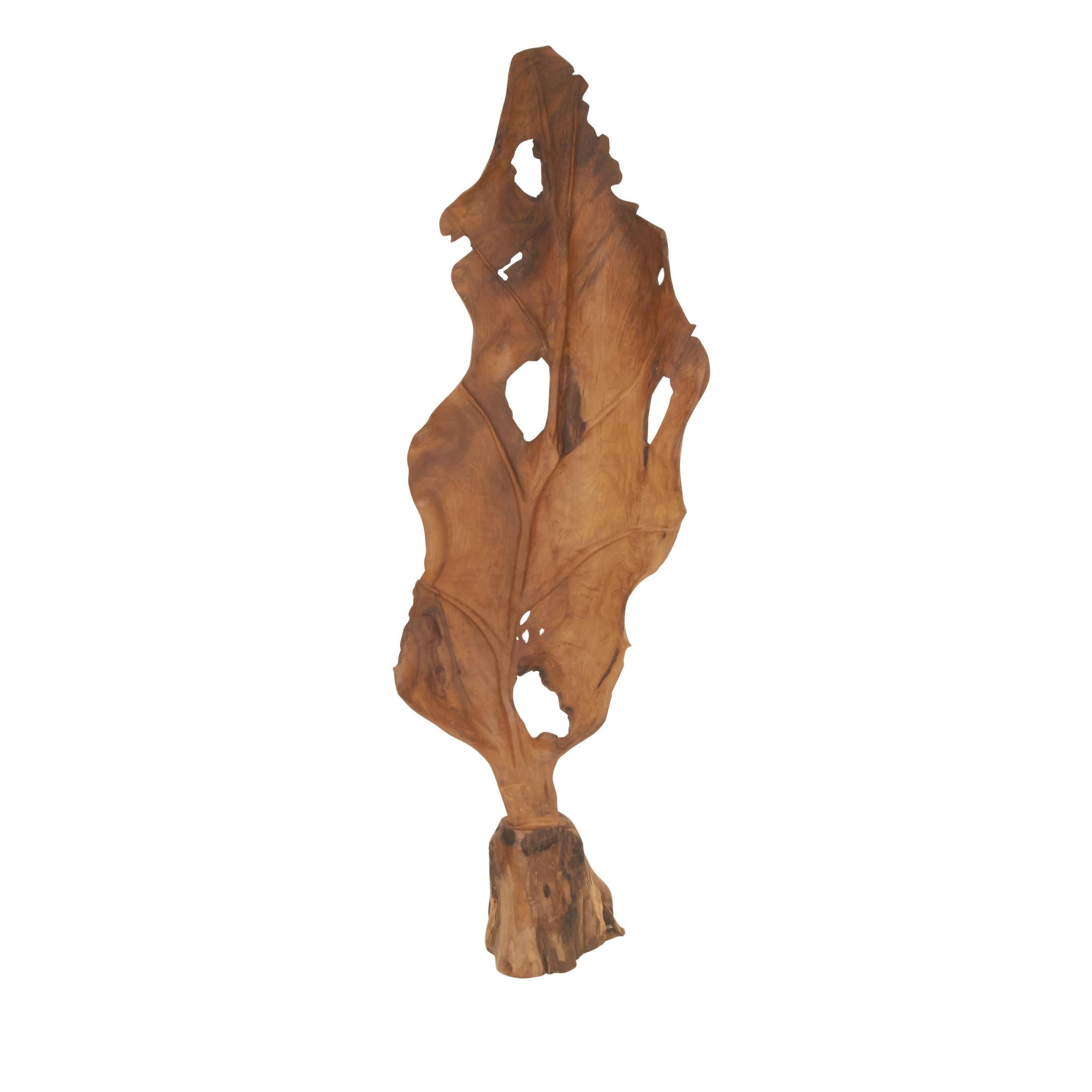 19" x 62" Brown Teak Wood Handmade Live Edge Leaf Sculpture, by DecMode