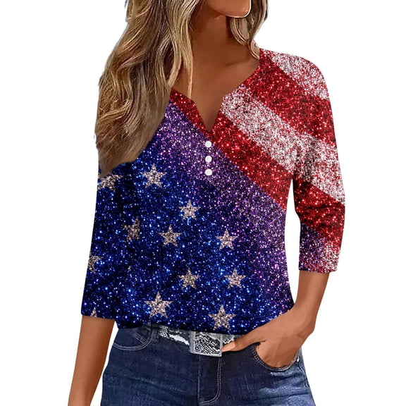 haizhen 4th of July Shirts Women 250th Anniversary USA 3/4 Length Sleeve Womens Tops Casual Henley V Neck Patriotic Tshirts Red White and Blue T Shirts Dark Blue, M