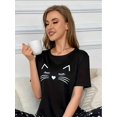 thumbnail image 1 of Women'S Casual Crew Neck Short Sleeve Tee - Cute Cat and Heart Print Sleepwear, Polyester Knit Fabric, All-Season Loungewear Top, 1 of 8