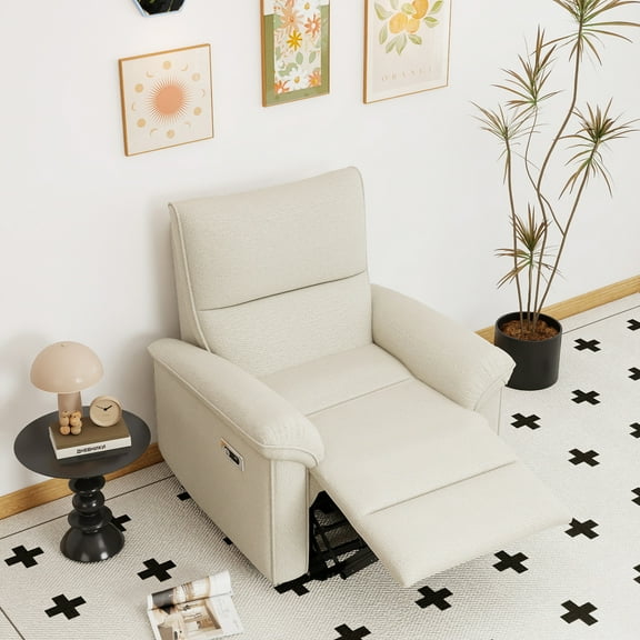Zero Wall Power Recliner Chair with USB & Type-C, Electric Wall Hugger Recliner for Small Space, Fabric Reclining Armchair for Apartment/RV, Beige-Gray